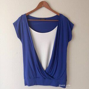 Womens Cowl Scoop Draped Neck 2-in-1 Sleeveless Tank Top Blue White Medium